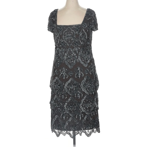 Pissaro Nights Black Beaded Tiered Sheath Dress Sz 12 Cocktail Rockabilly Gatsby - Picture 1 of 12